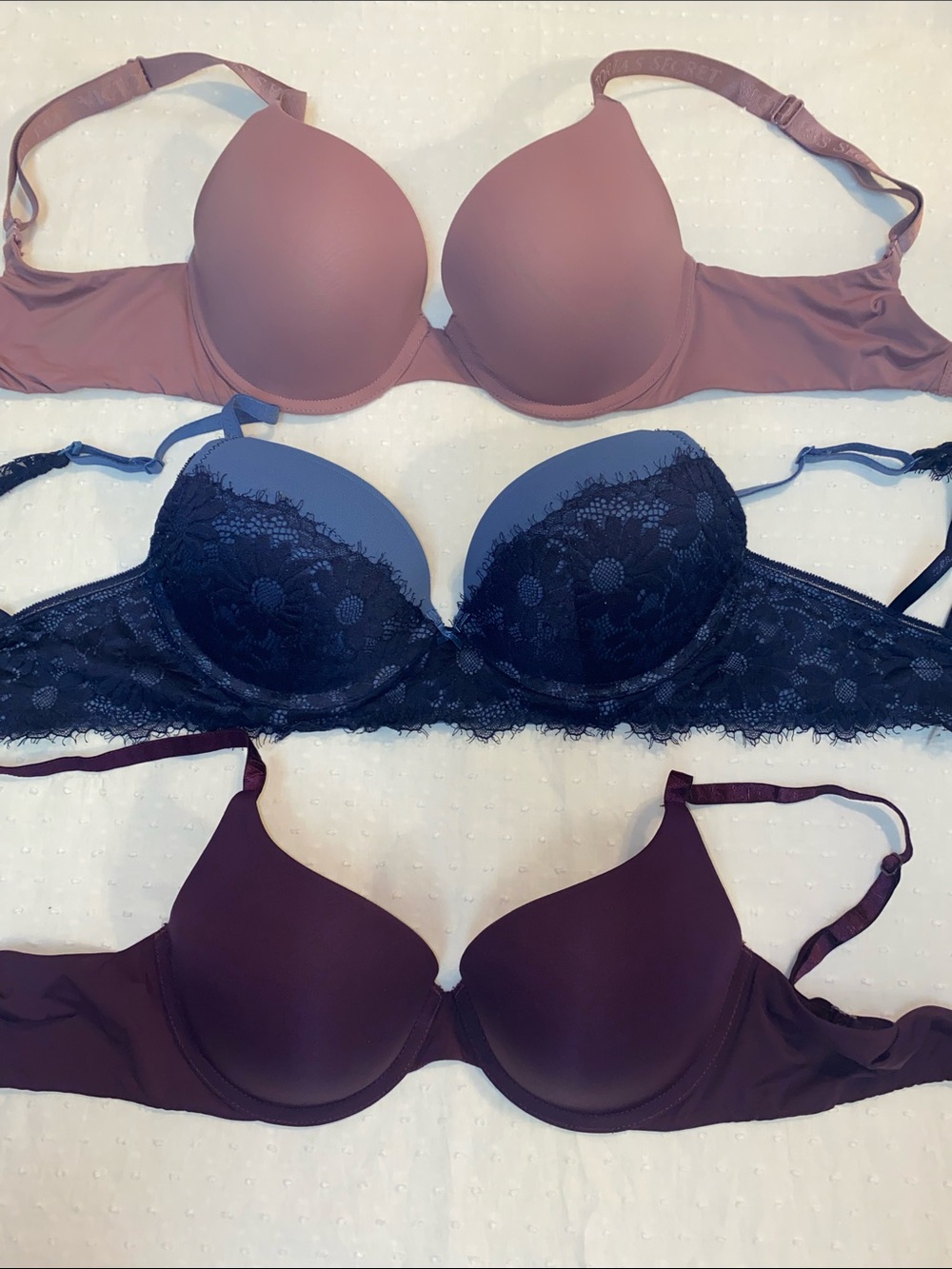 Victoria's Secret Three-Piece Bra Set — Plum, Navy & Dusty Pink